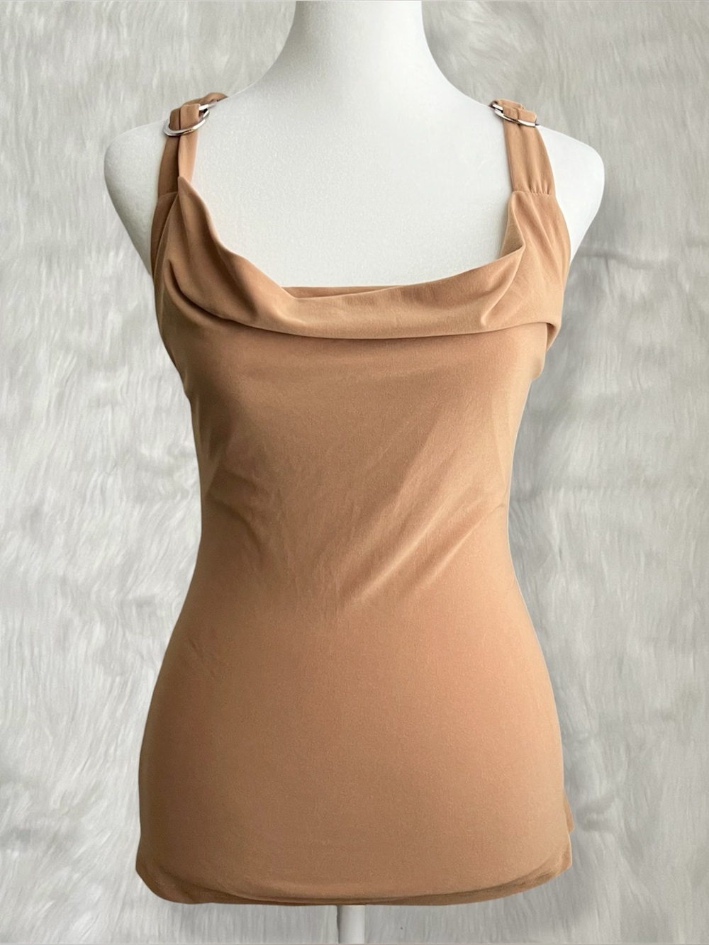 Gaby Y2K Tan Cowl Neck Tank Top With Silver Hardware & Crisscross Back Detail